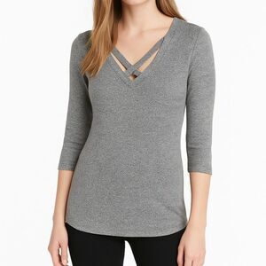 Express Grey Form-Fitting Elbow Sleeve Stretch Knit Top S